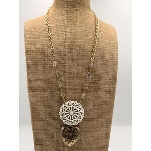 UPCYCLED VINTAGE MONET WHITE ENAMELED ROUND FILIGREE BROOCH PIN NECKLACE